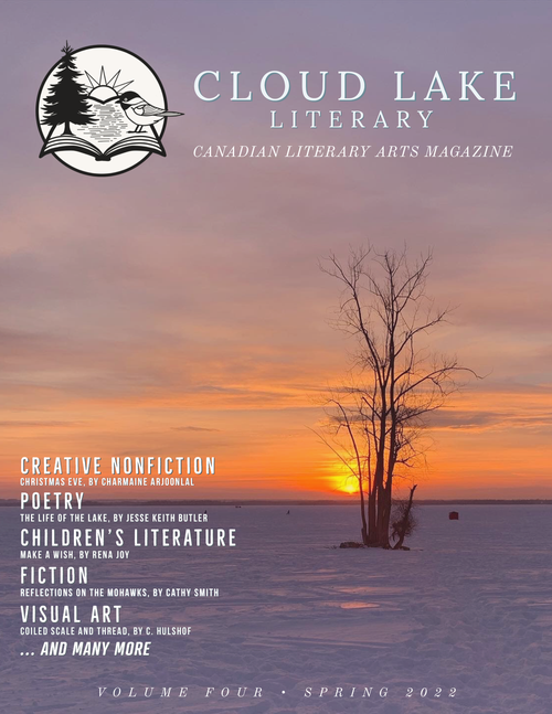 Cover of Cloud Lake Literary magazine Volume 4 featuring a sunset, a snowy field, and a leafless tree